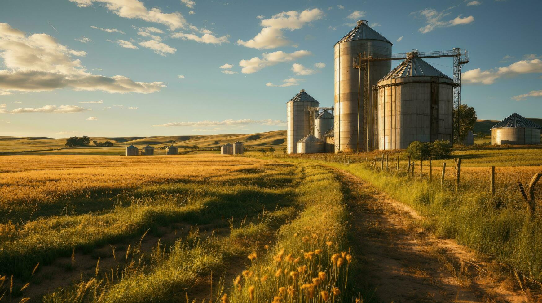 grão silos dentro a meio do Largo verde Campos em uma ensolarado dia. generativo ai foto