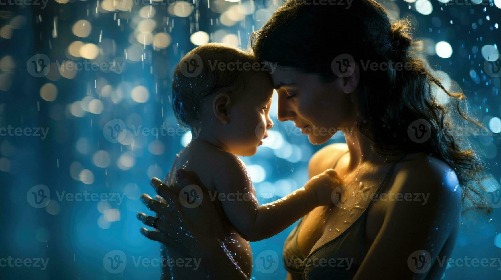 feliz mãe e bebê dentro a água dentro a interior natação piscina. generativo ai foto