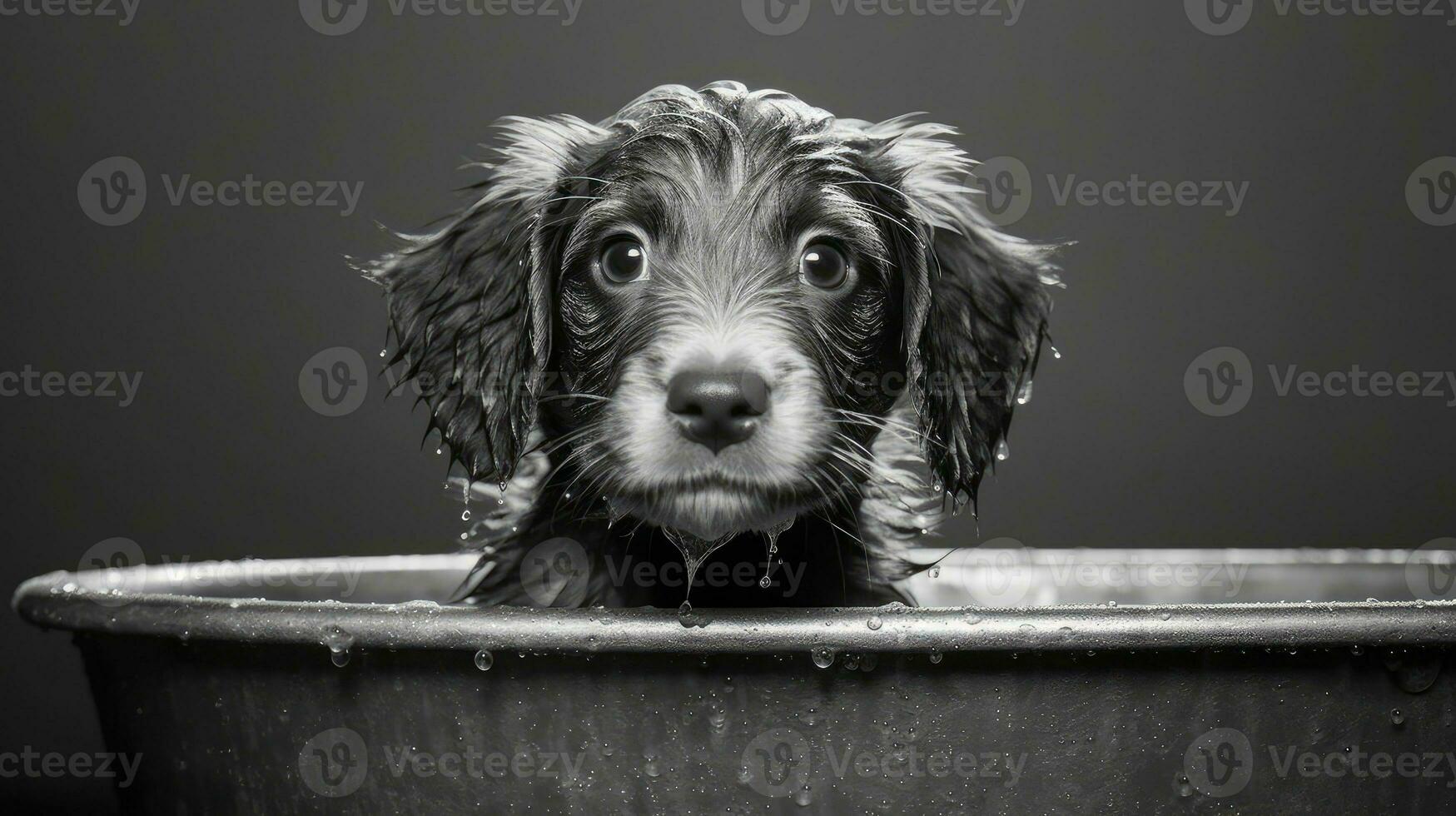 uma fofa animal cachorro com molhado cabelo é levando uma banho. generativo ai foto