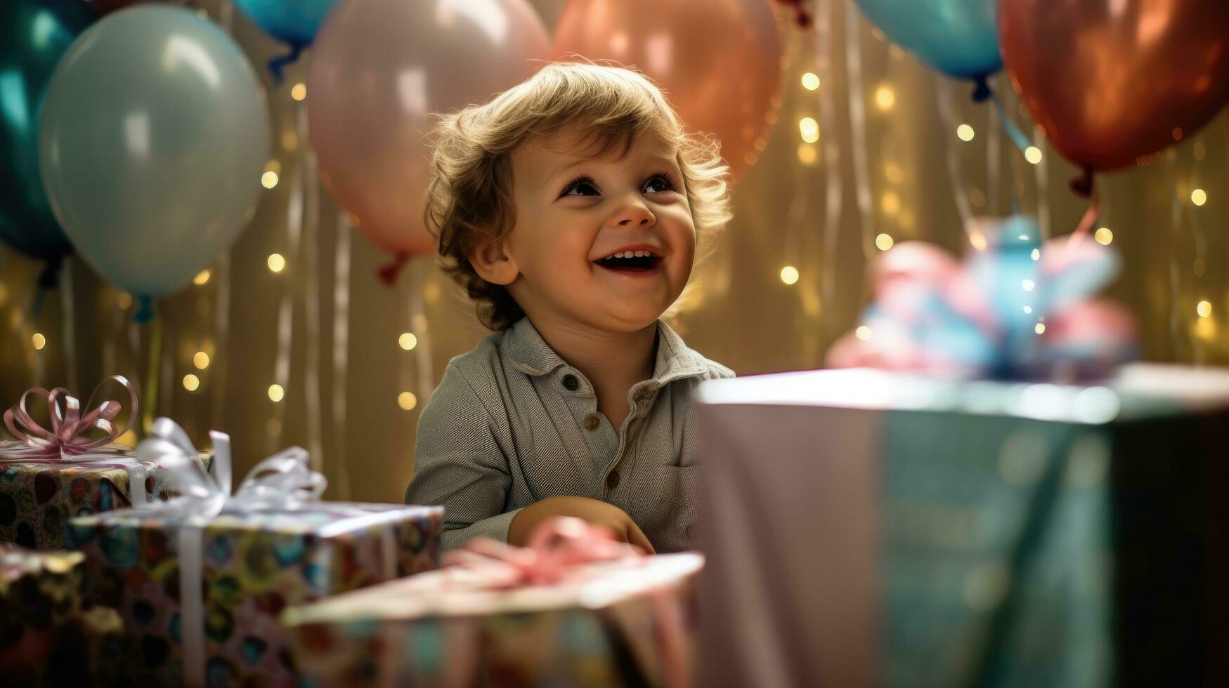 fofa pequeno Garoto com aniversário presente caixas dentro frente do ele. generativo ai foto