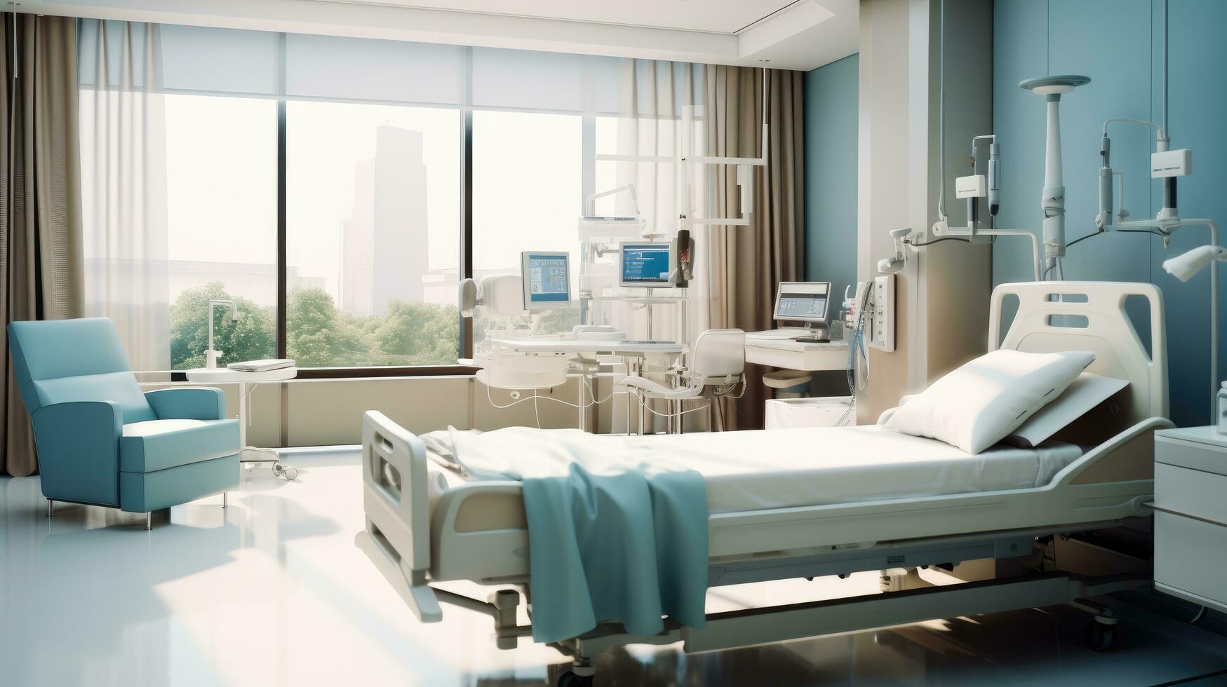 uma moderno hospital quarto conceito. generativo ai foto