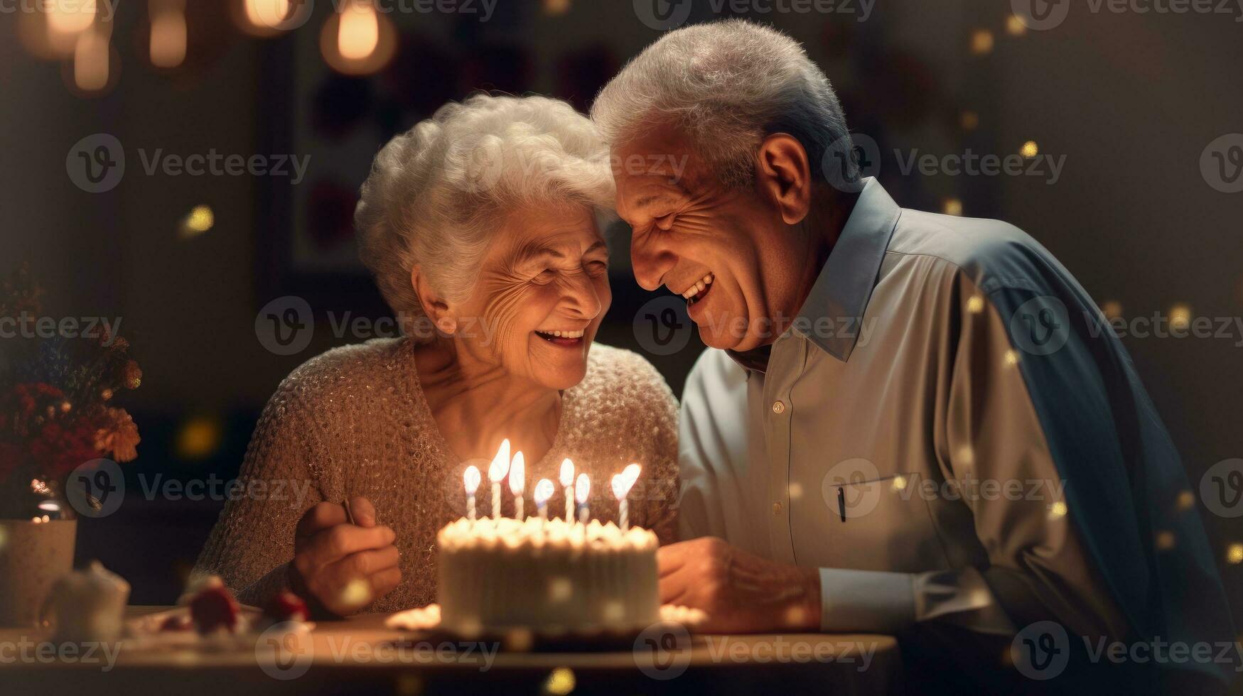 adorável idosos marido e esposa comemoro seus aniversário Felizmente. generativo ai foto