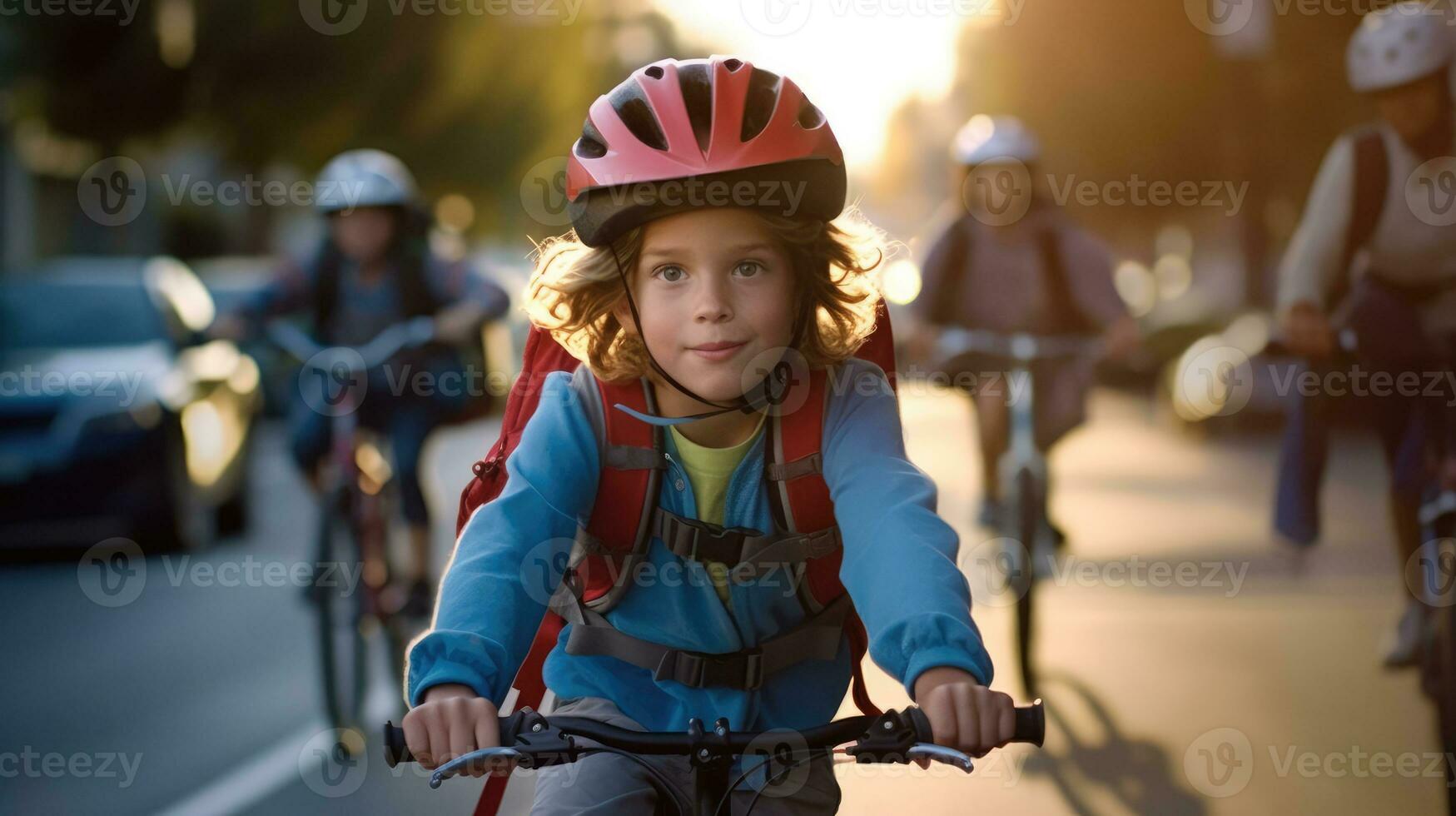 crianças com mochilas indo para escola de bicicleta. generativo ai foto