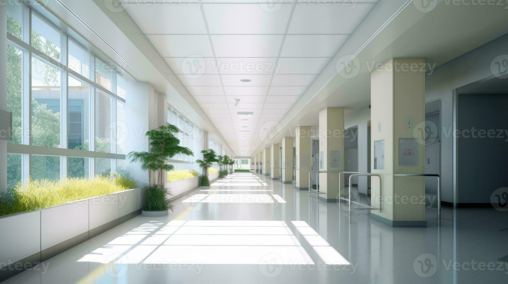 uma moderno hospital corredor. generativo ai foto