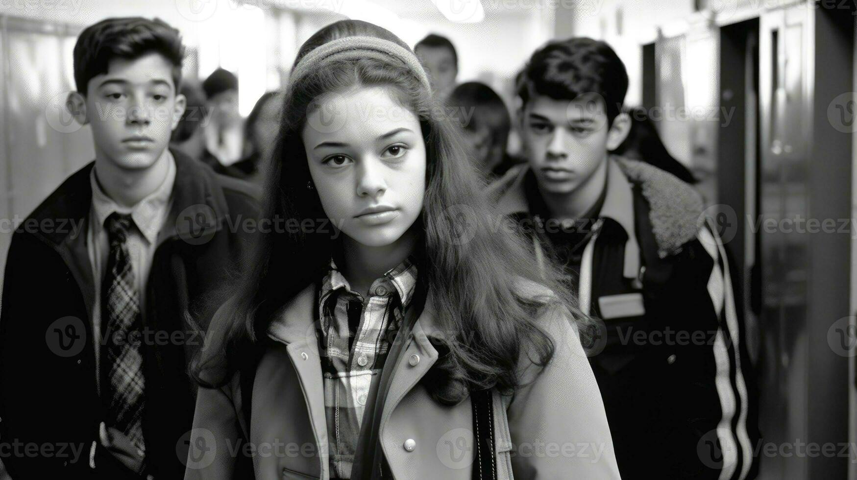 fechar-se cenário do jovem alunos caminhando dentro Alto escola corredor. generativo ai foto