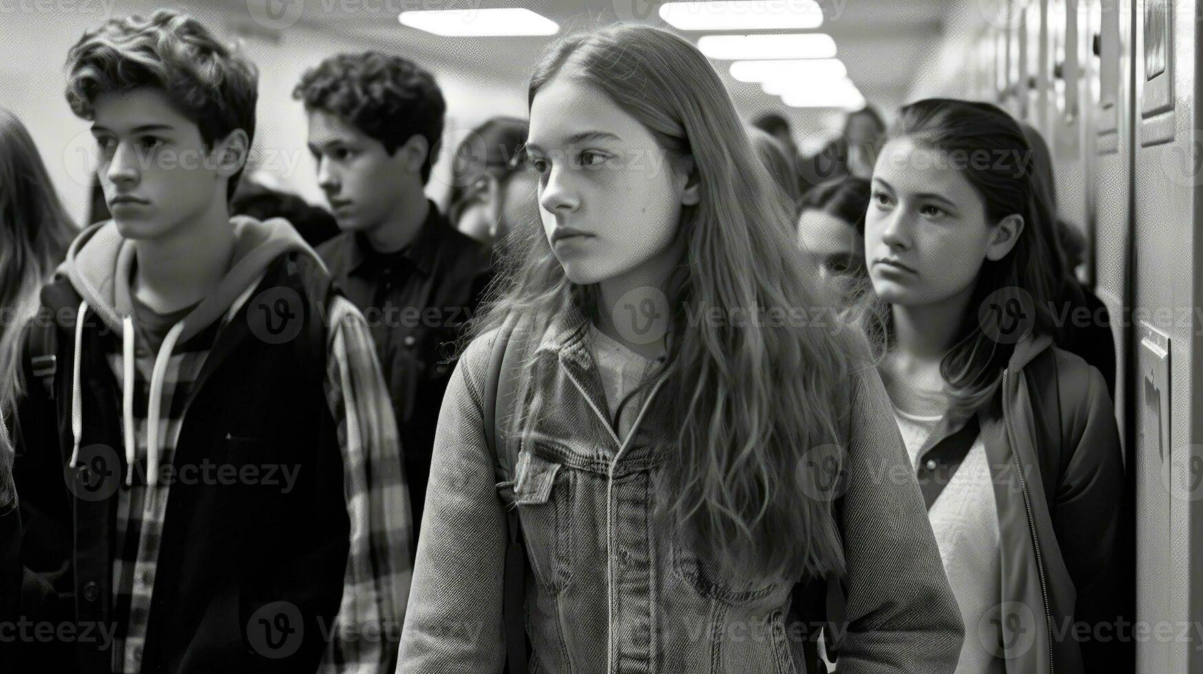 fechar-se cenário do jovem alunos caminhando dentro Alto escola corredor. generativo ai foto