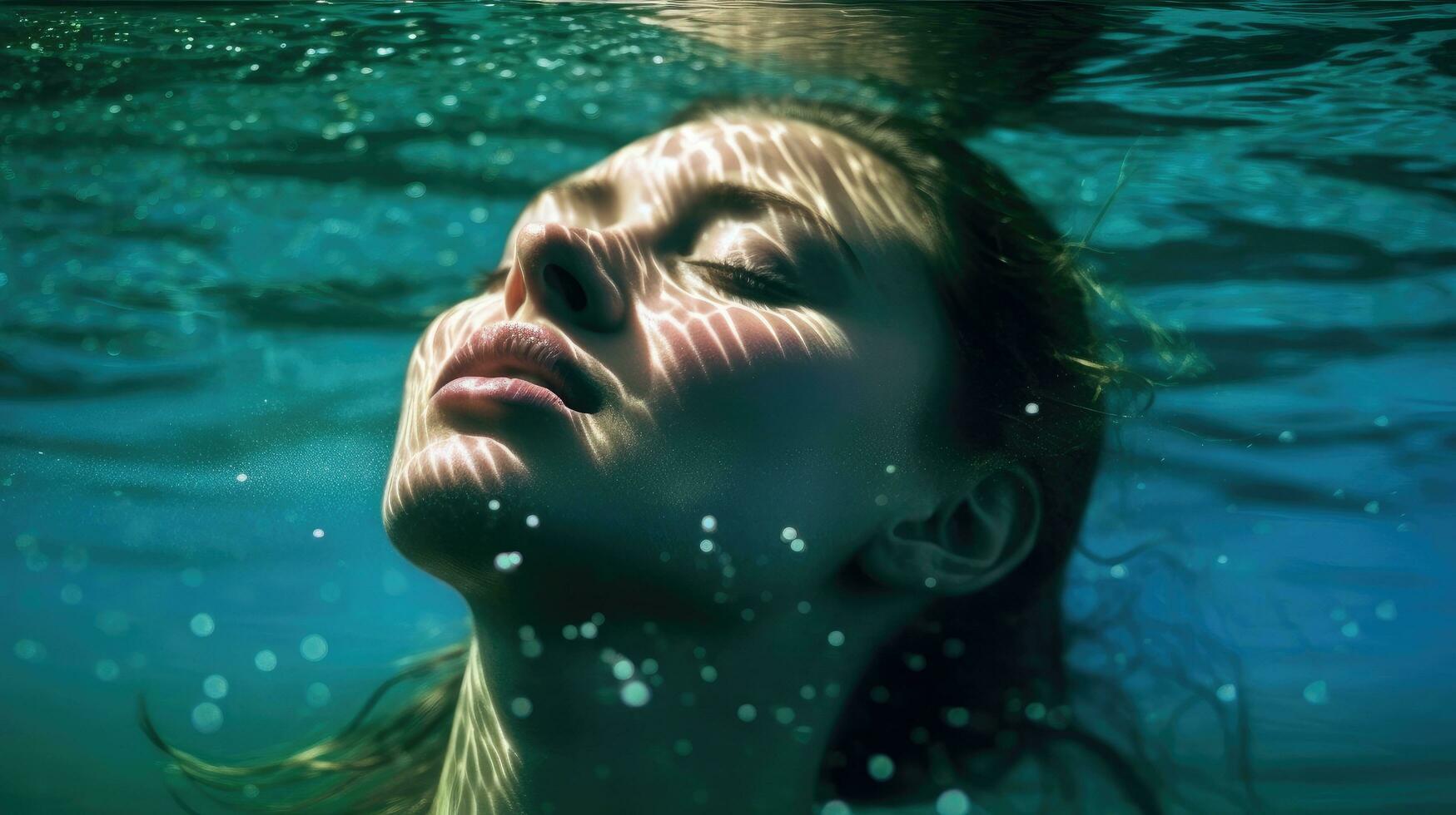 uma fêmea nadador mergulho para dentro a profundidades do uma piscina com dela olhos fechado. generativo ai foto