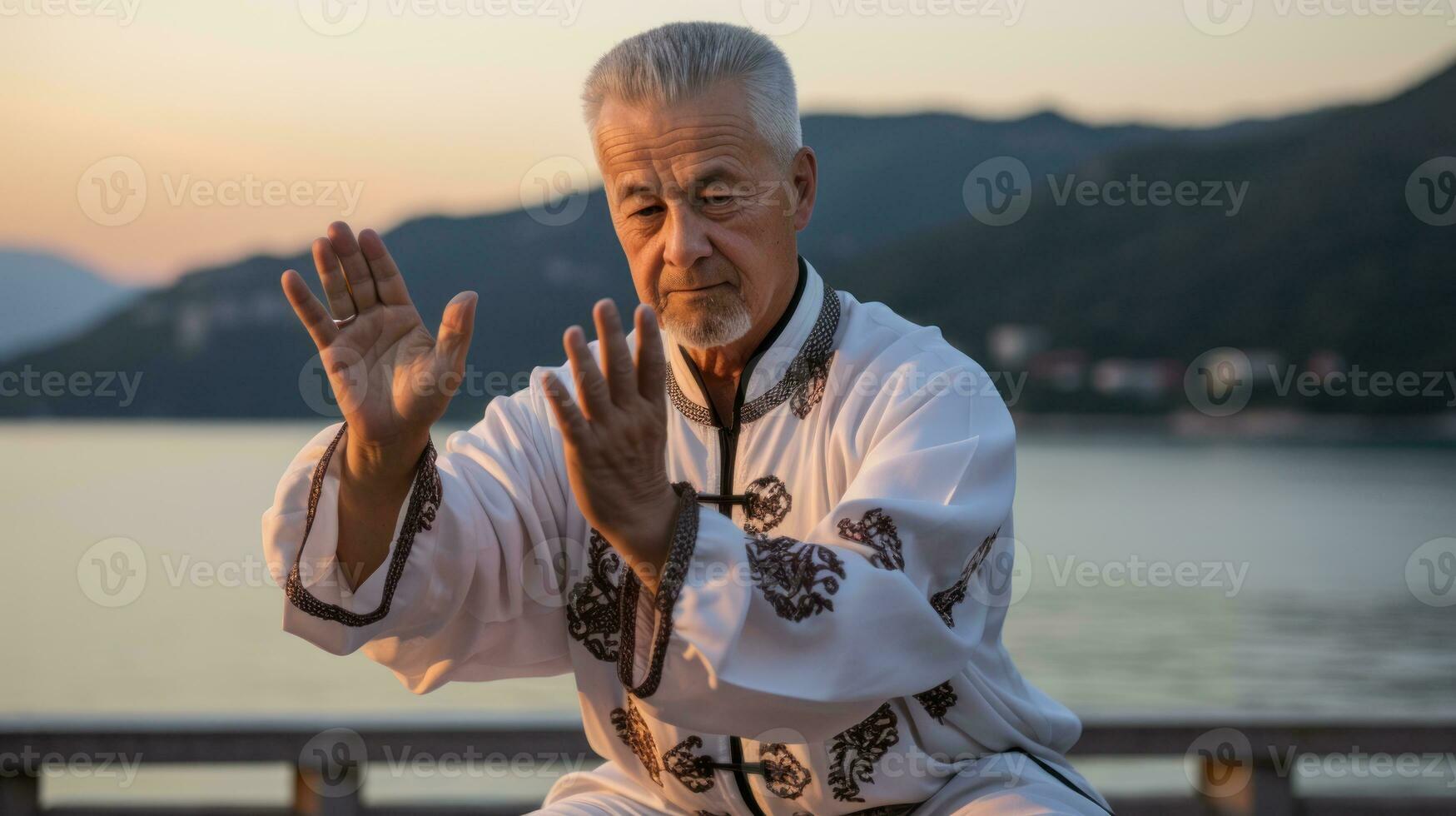 tai chi mestre exercício em a de praia. generativo ai foto