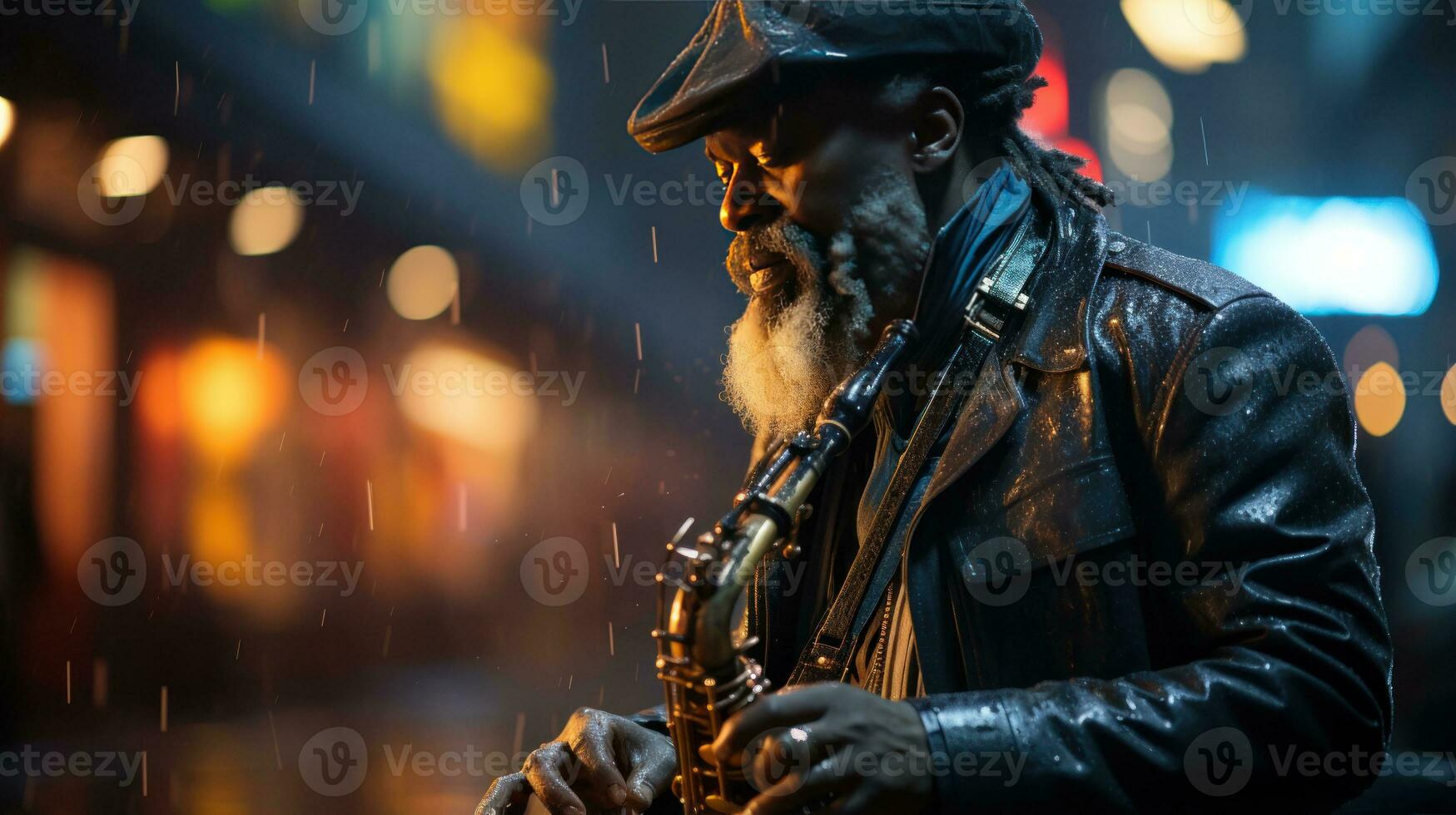 uma músico jogando a saxofone em uma chuvoso cidade rua. generativo ai foto