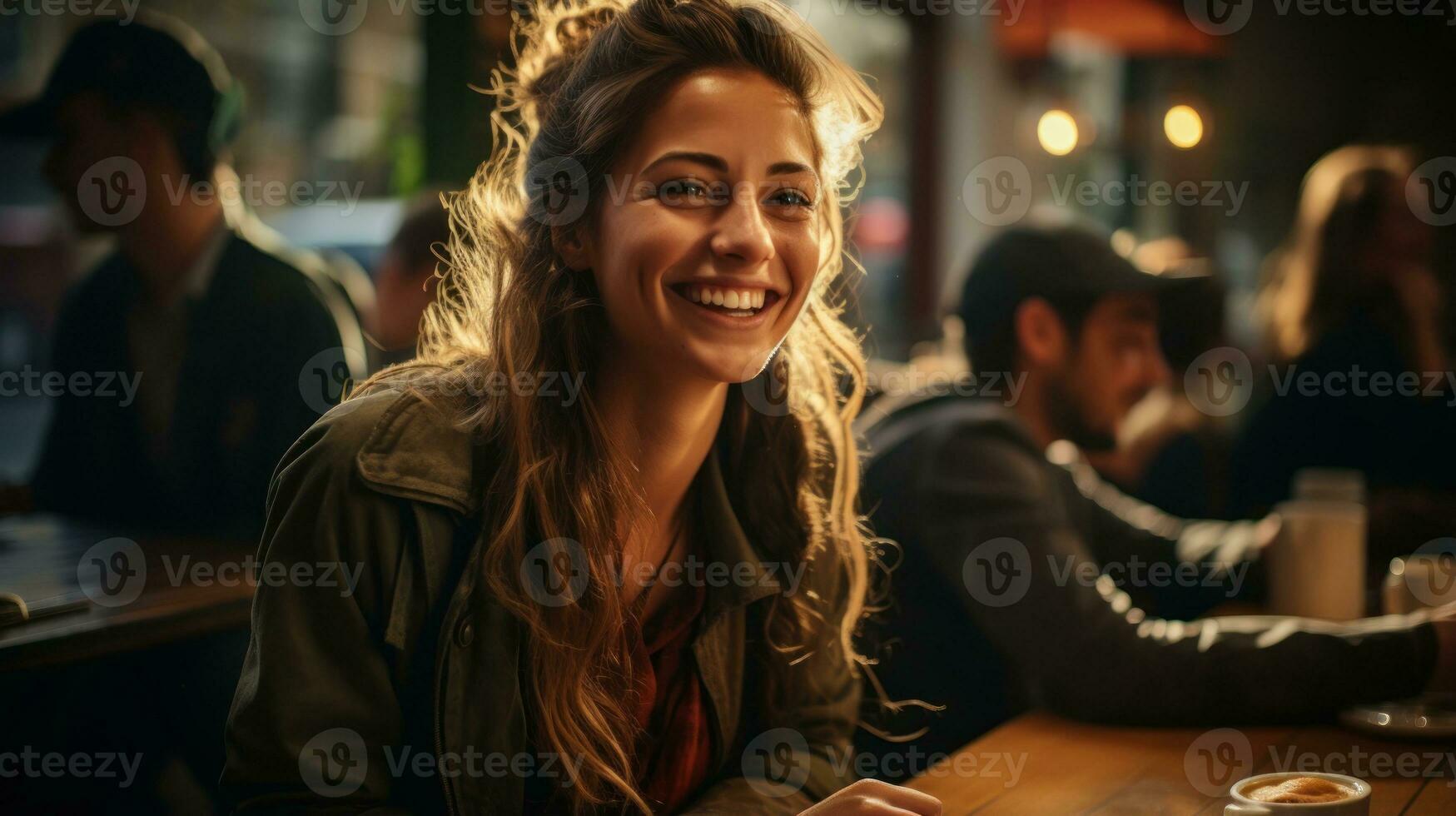 feliz amigo meio Ambiente enquanto bebendo café dentro uma cafeteria. generativo ai foto