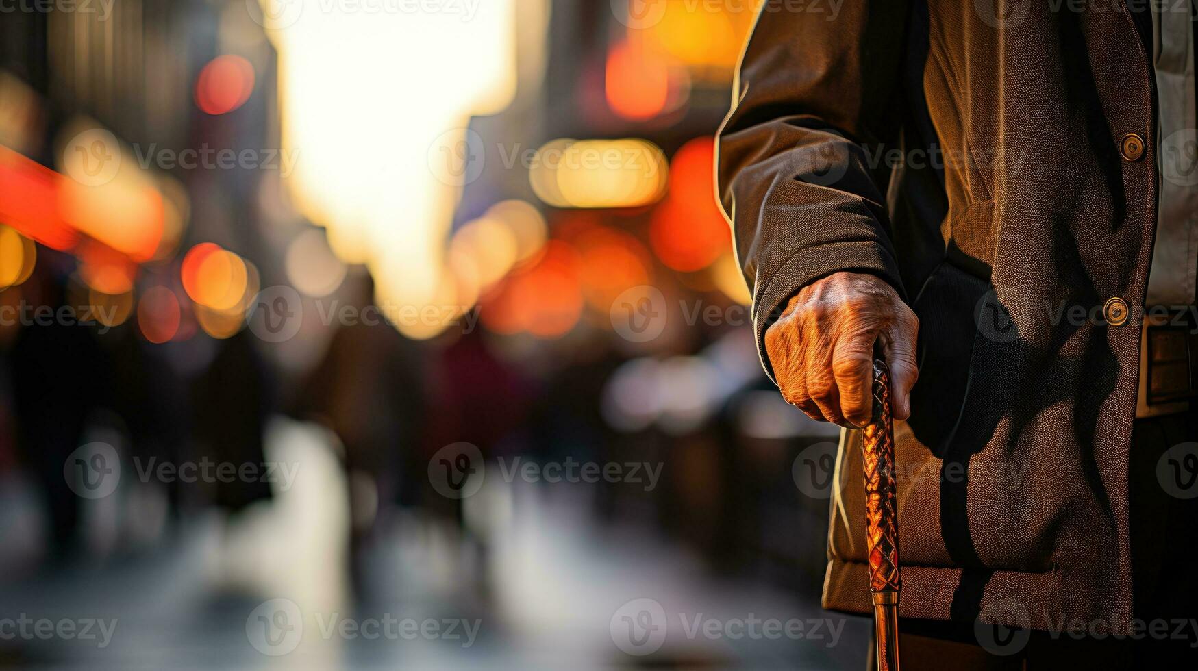 uma visualmente prejudicado pessoa caminhando com uma bengala em a cidade calçada. generativo ai foto