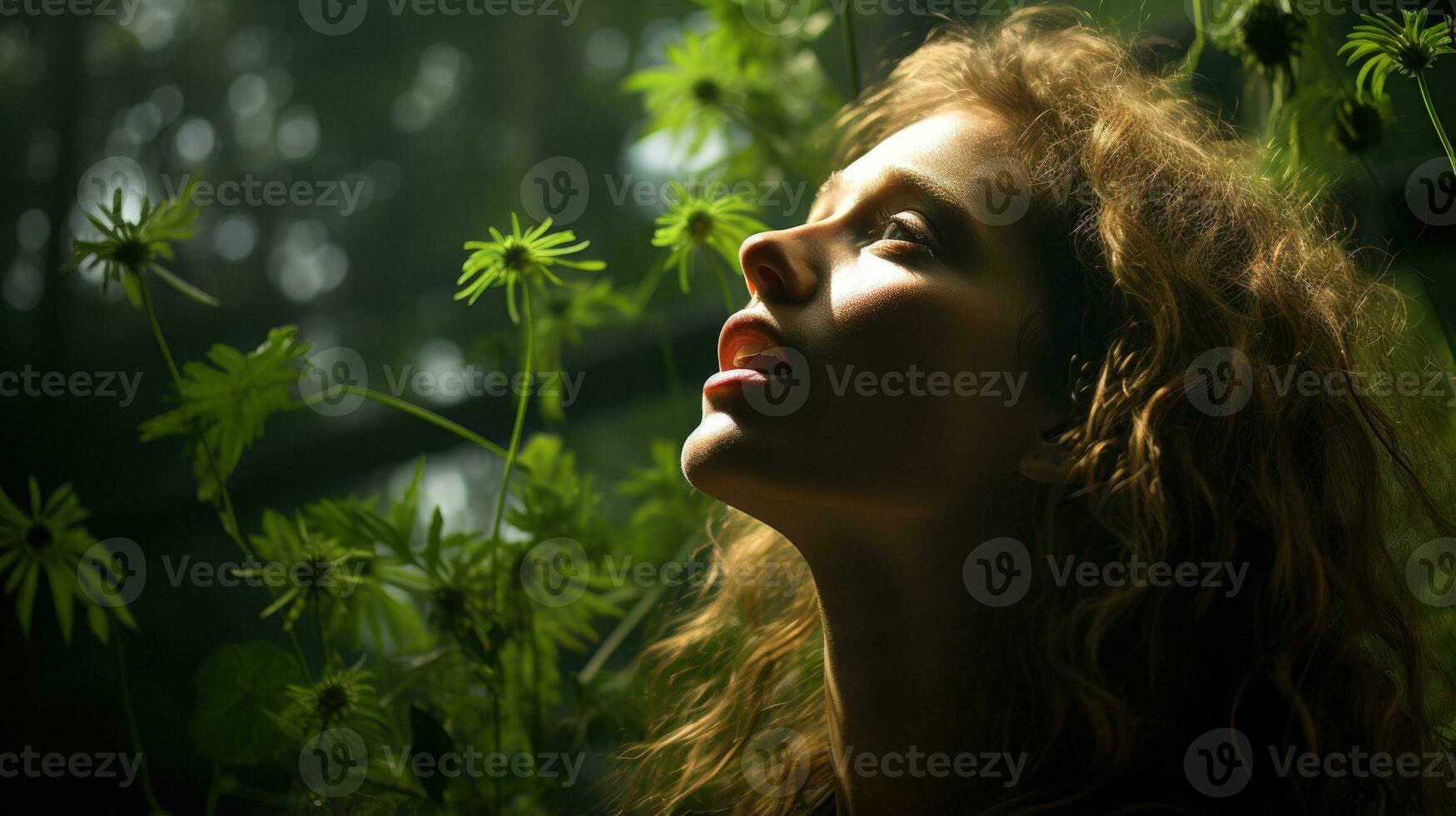 uma lindo mulher respira a fresco ar do a jardim profundamente. generativo ai foto