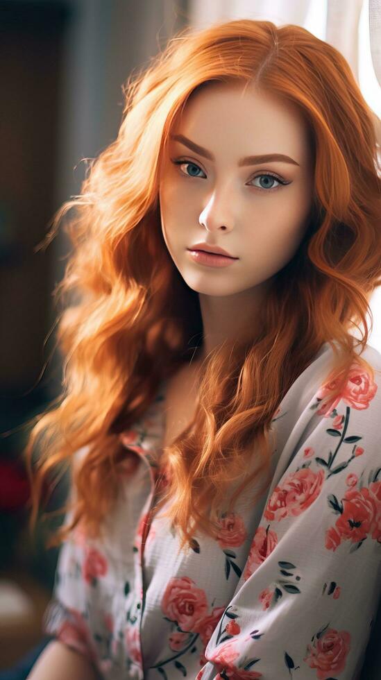 lindo mulher com grandes vermelho encaracolado cabelo, vermelho cabeça. generativo ai foto