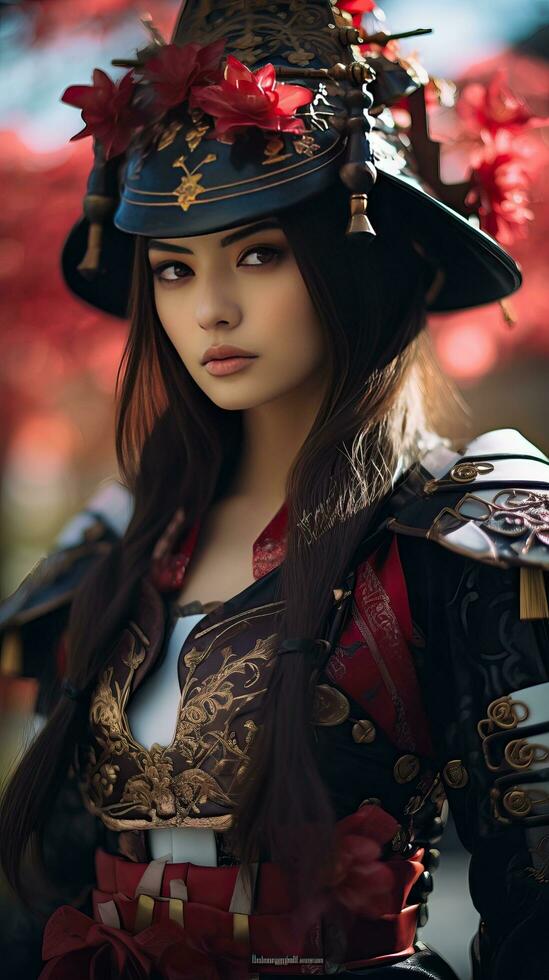 lindo samurai mulher. generativo ai foto