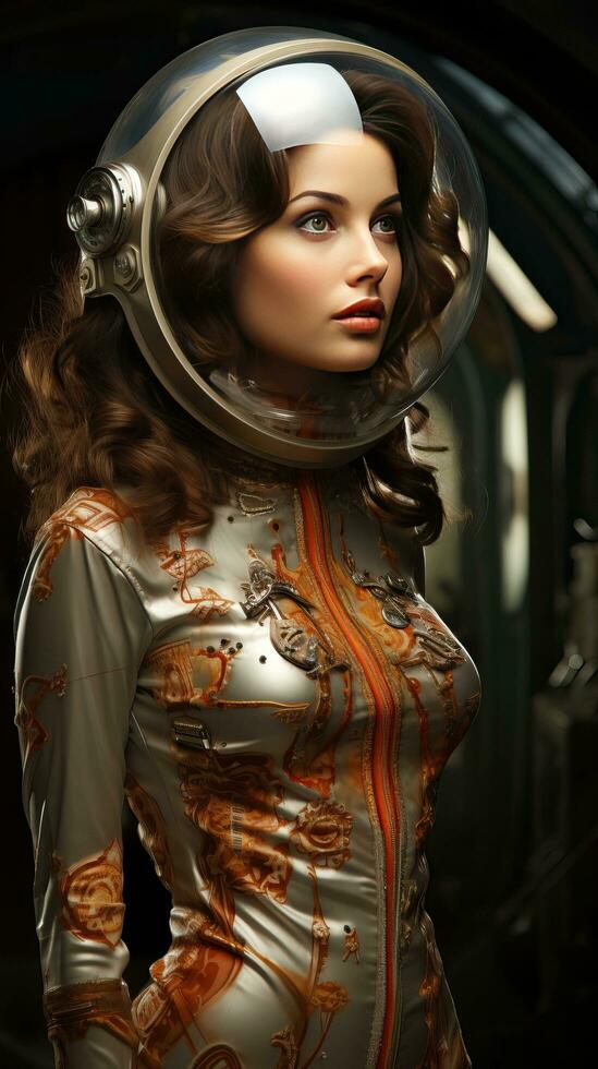 lindo mulher vestindo velho clássico traje espacial foto