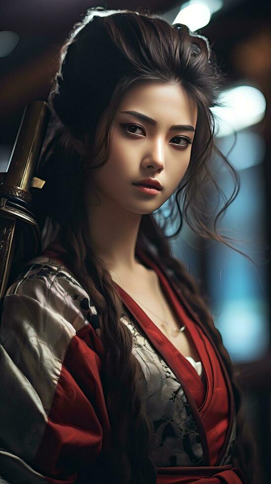 lindo samurai mulher. generativo ai foto