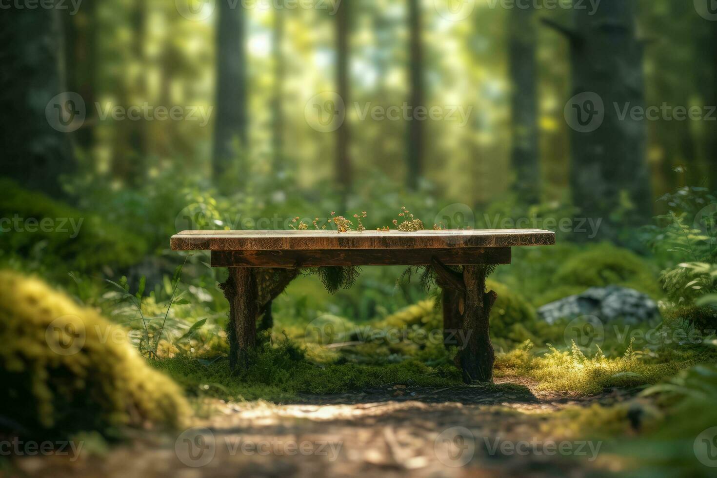 ai generativo foto do uma de madeira mesa dentro floresta para produtos apresentação