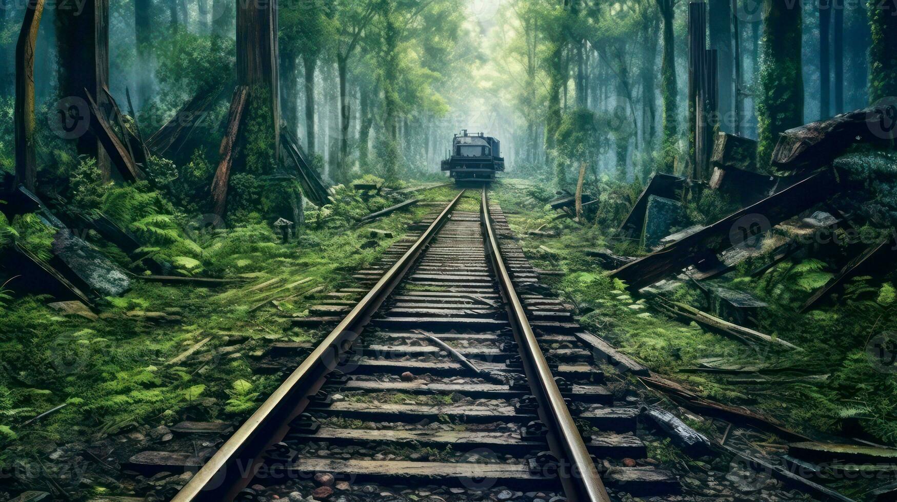 estrada de ferro dentro a nebuloso floresta, vintage estilo, viagem conceito foto
