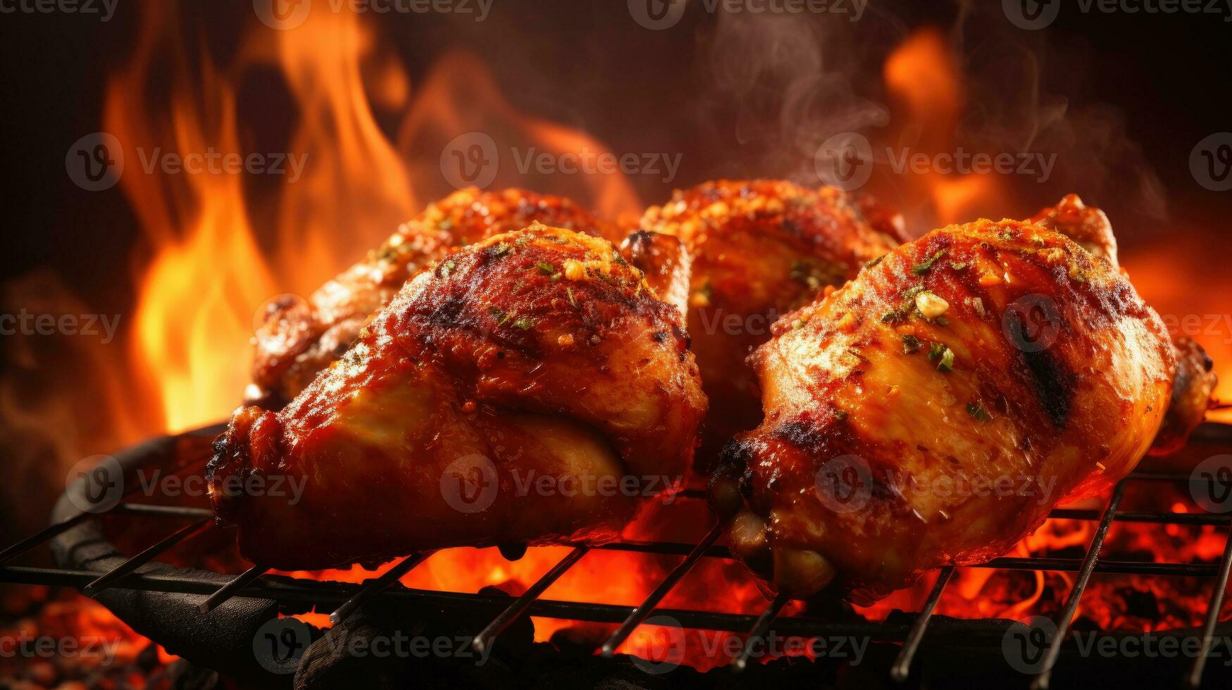 assado frango pernas em a grade com chamas e fumaça, fechar acima foto