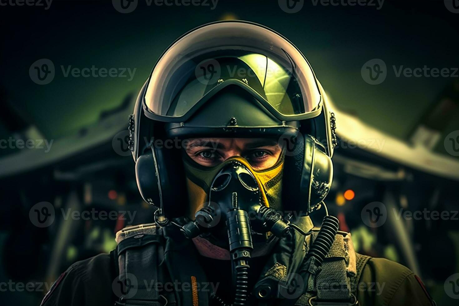 retrato do uma piloto dentro uma capacete e gás mascarar contra a fundo do a avião foto