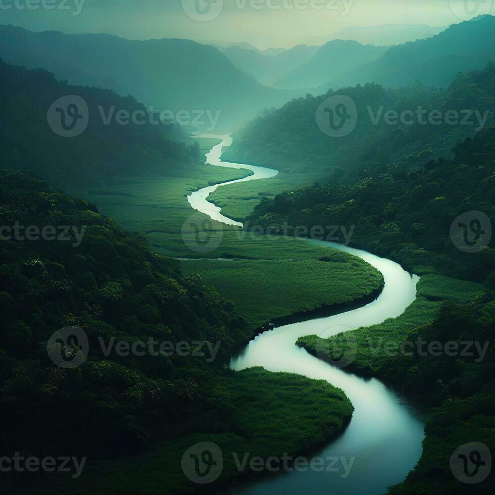 a ótimo neel rio fluxos pacificamente através a exuberante verde florestas e majestoso montanhas ,ai gerado foto