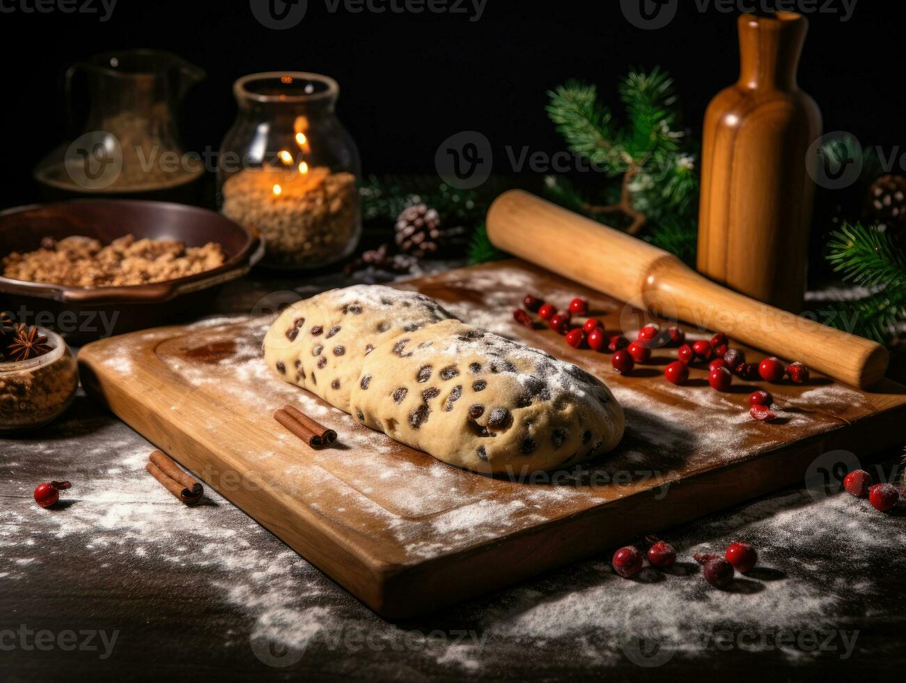 ai geração. pão massa com passas de uva e cranberries em uma de madeira borda. tradicional roubado. foto