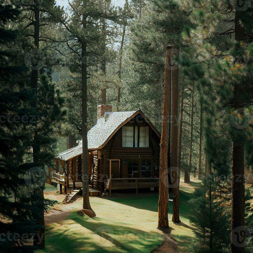 a encantador de madeira casa ofertas uma pacífico fuga dentro a meio do a floresta ,ai gerado foto