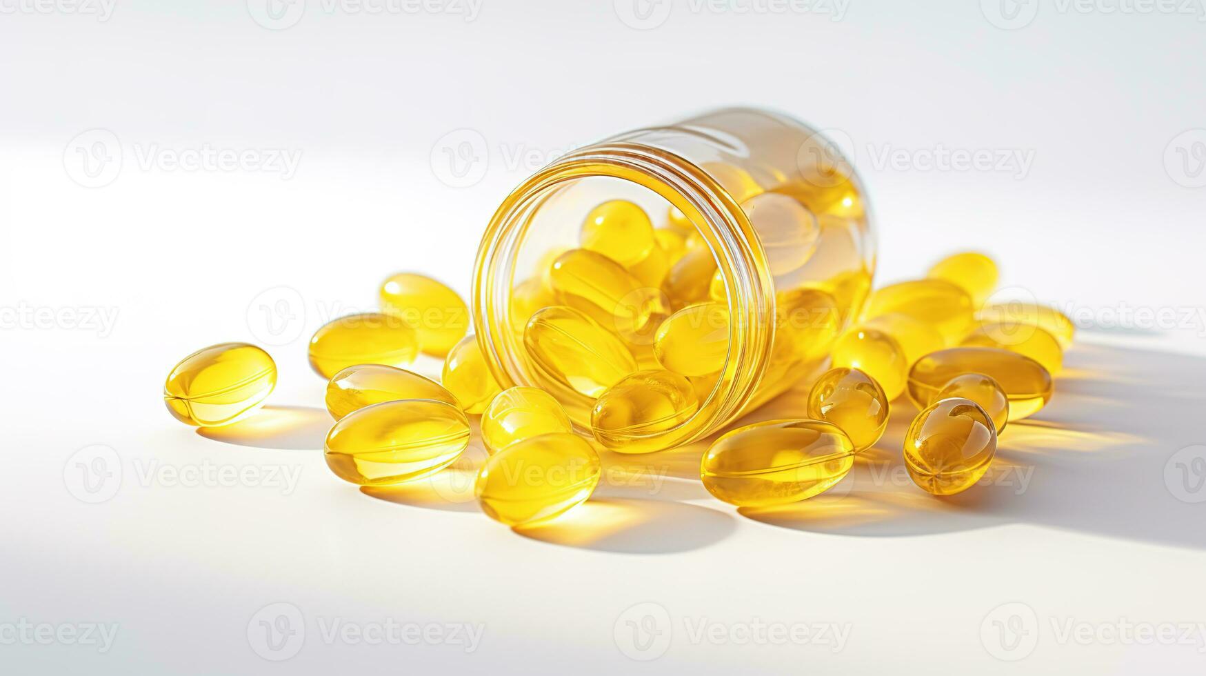 transparente amarelo vitaminas em uma luz fundo. Vitamina d, ómega 3, ómega 6, Comida suplemento óleo preenchidas peixe óleo, Vitamina a, Vitamina e, linhaça óleo. foto