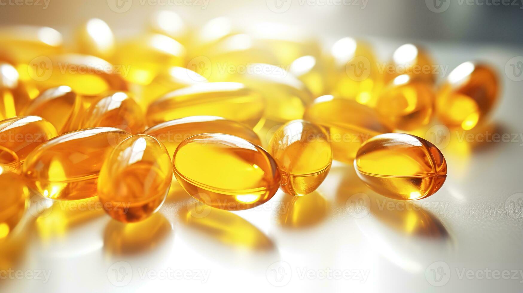 transparente amarelo vitaminas em uma luz fundo. Vitamina d, ómega 3, ómega 6, Comida suplemento óleo preenchidas peixe óleo, Vitamina a, Vitamina e, linhaça óleo. foto