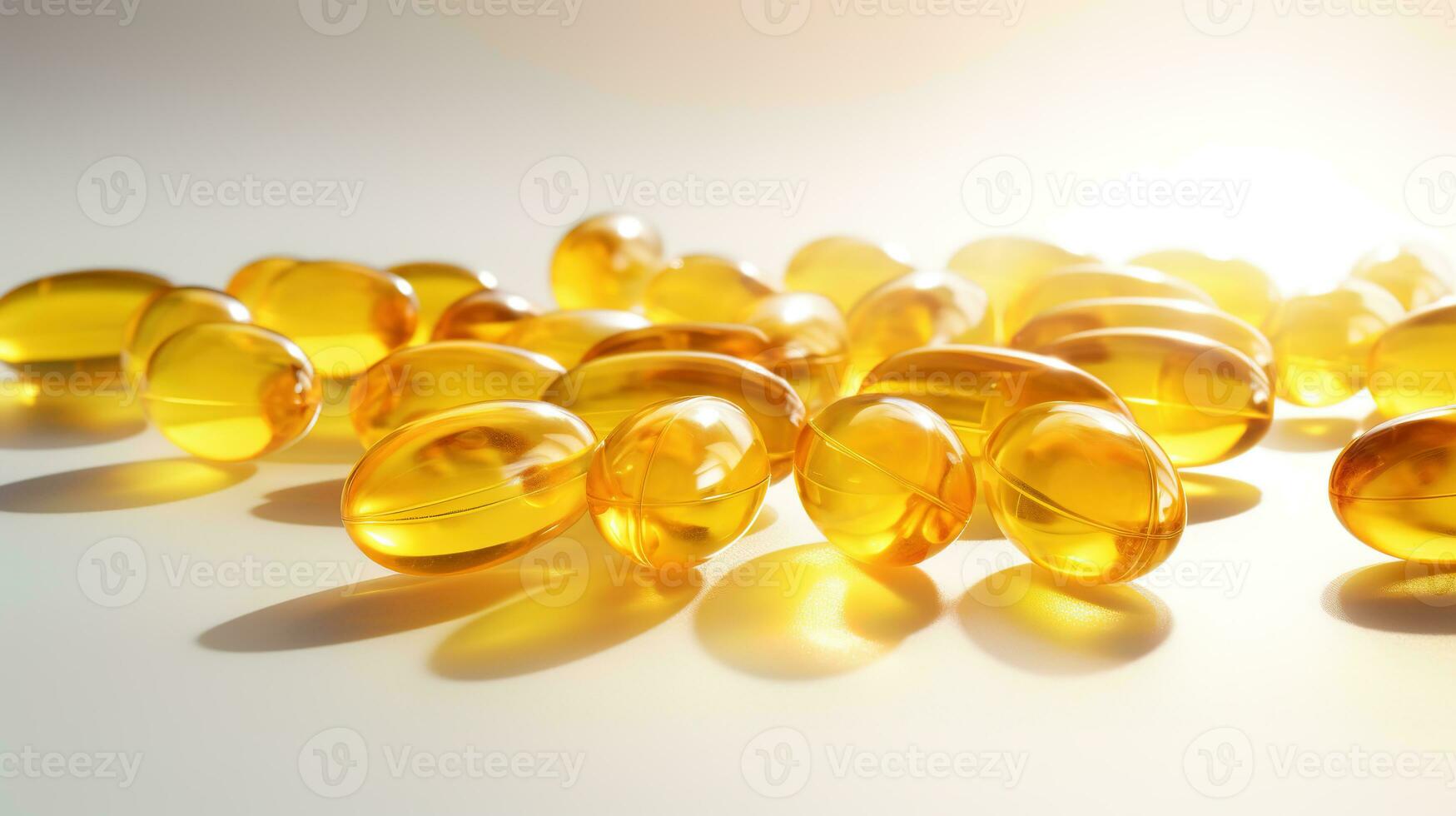 transparente amarelo vitaminas em uma luz fundo. Vitamina d, ómega 3, ómega 6, Comida suplemento óleo preenchidas peixe óleo, Vitamina a, Vitamina e, linhaça óleo. foto