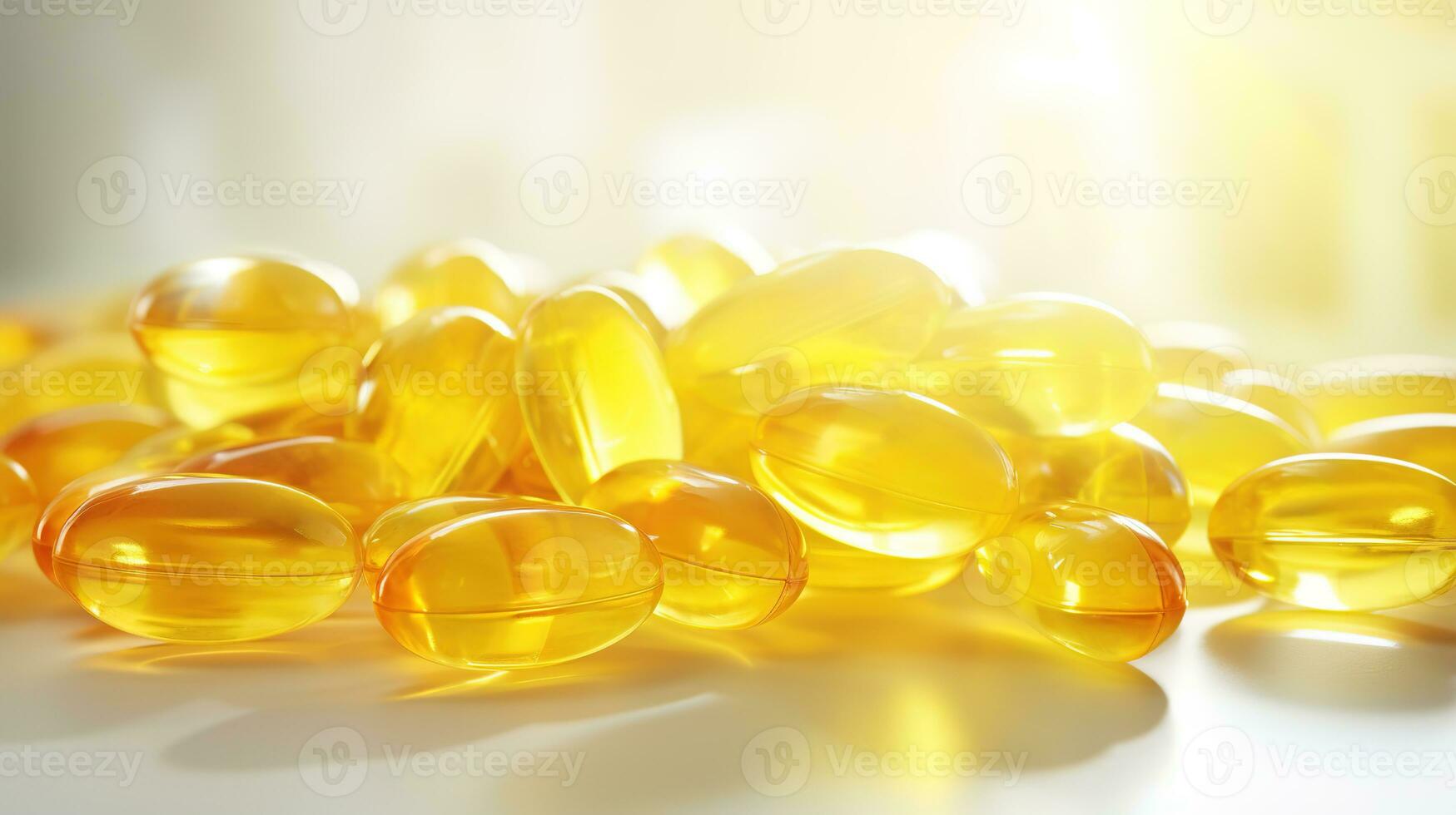 transparente amarelo vitaminas em uma luz fundo. Vitamina d, ómega 3, ómega 6, Comida suplemento óleo preenchidas peixe óleo, Vitamina a, Vitamina e, linhaça óleo. foto