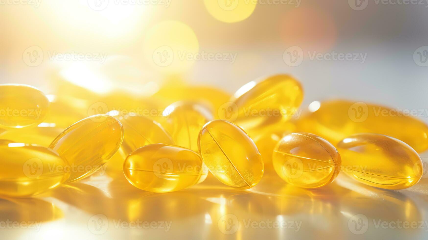 transparente amarelo vitaminas em uma luz fundo. Vitamina d, ómega 3, ómega 6, Comida suplemento óleo preenchidas peixe óleo, Vitamina a, Vitamina e, linhaça óleo. foto