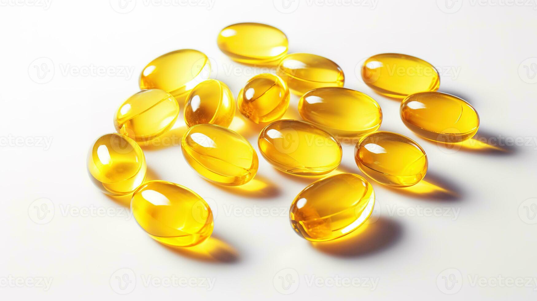 transparente amarelo vitaminas em uma luz fundo. Vitamina d, ómega 3, ómega 6, Comida suplemento óleo preenchidas peixe óleo, Vitamina a, Vitamina e, linhaça óleo. foto