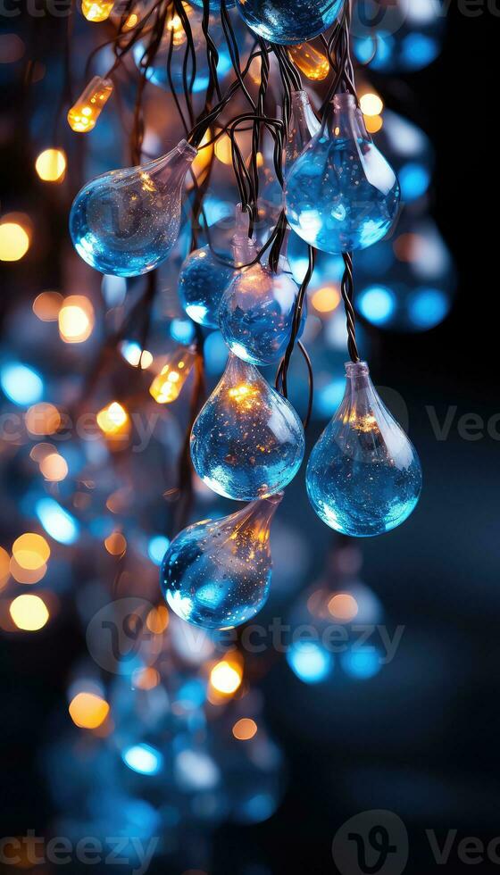 espumante Natal festão luzes contra uma profundo azul pano de fundo ai gerado foto