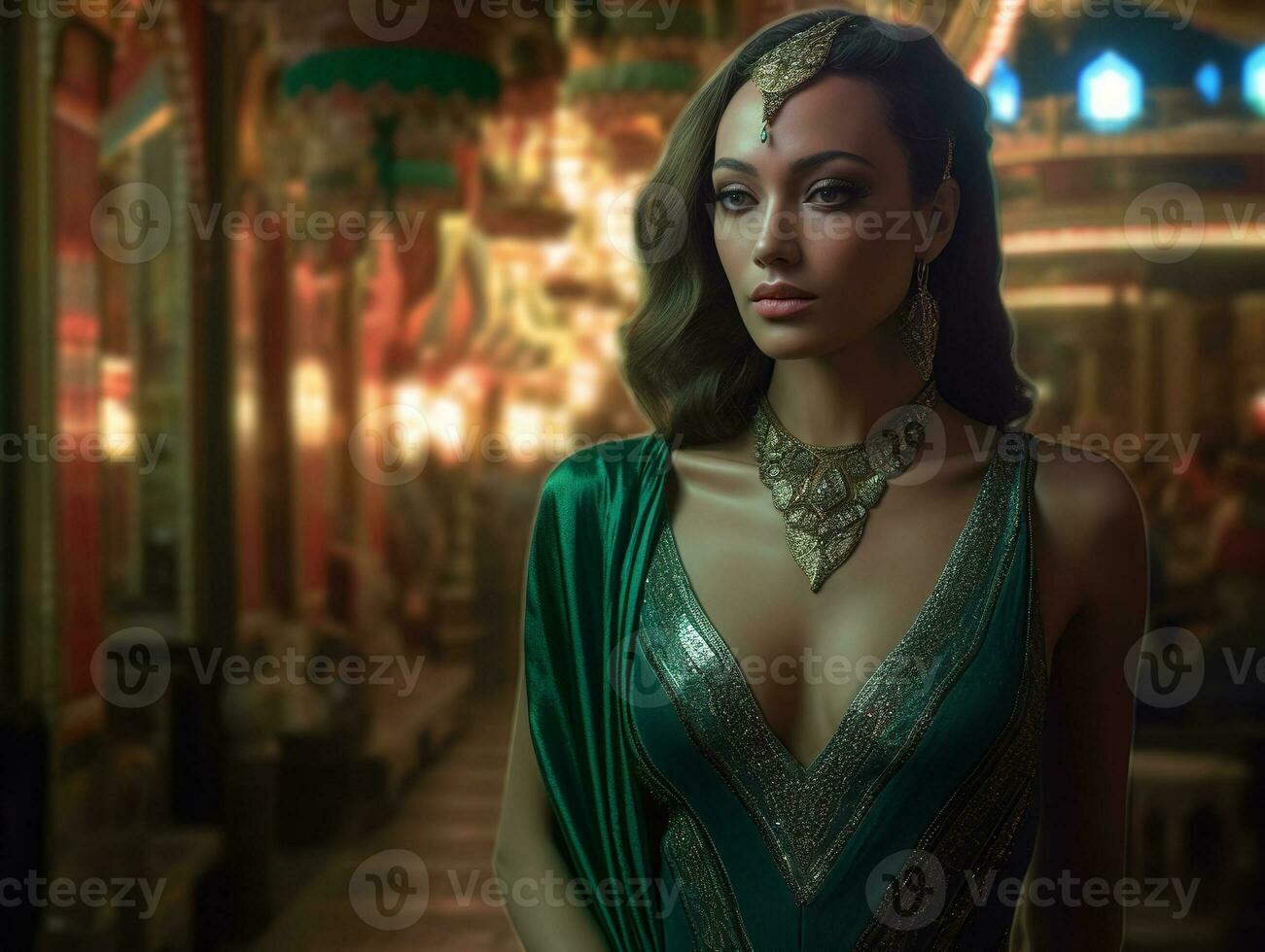 uma lindo mulher dentro uma verde vestir com ouro acentos e uma ouro colar, dentro uma semelhante a um templo configuração - ai generativo foto