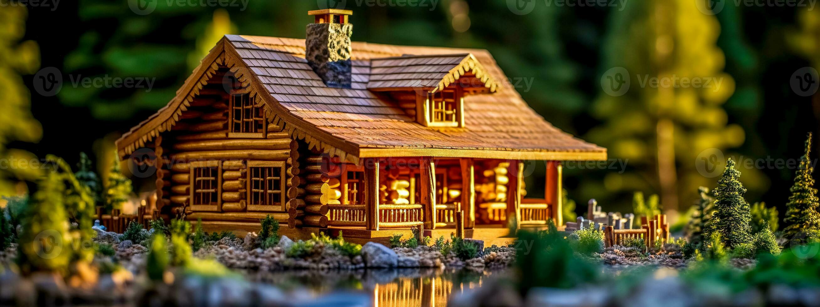 pequeno de madeira casa de uma lago dentro a floresta, bandeira foto