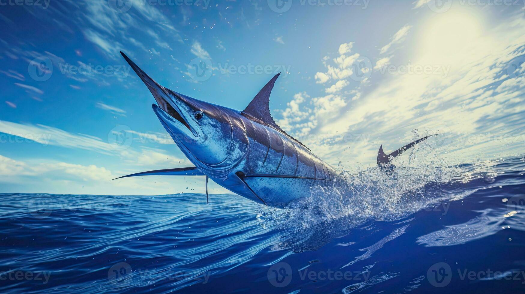 retrato do azul marlin peixe pulando sobre a mar ai generativo foto