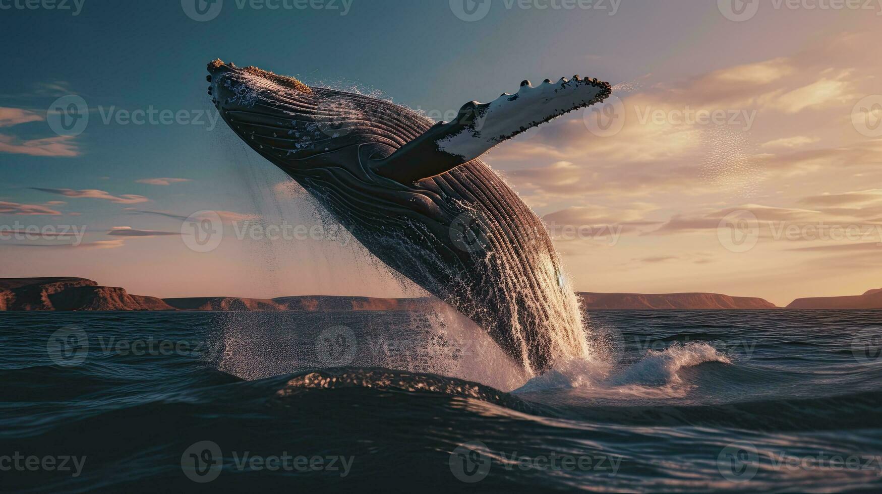 retrato do baleia pulando acima a mar ai generativo foto