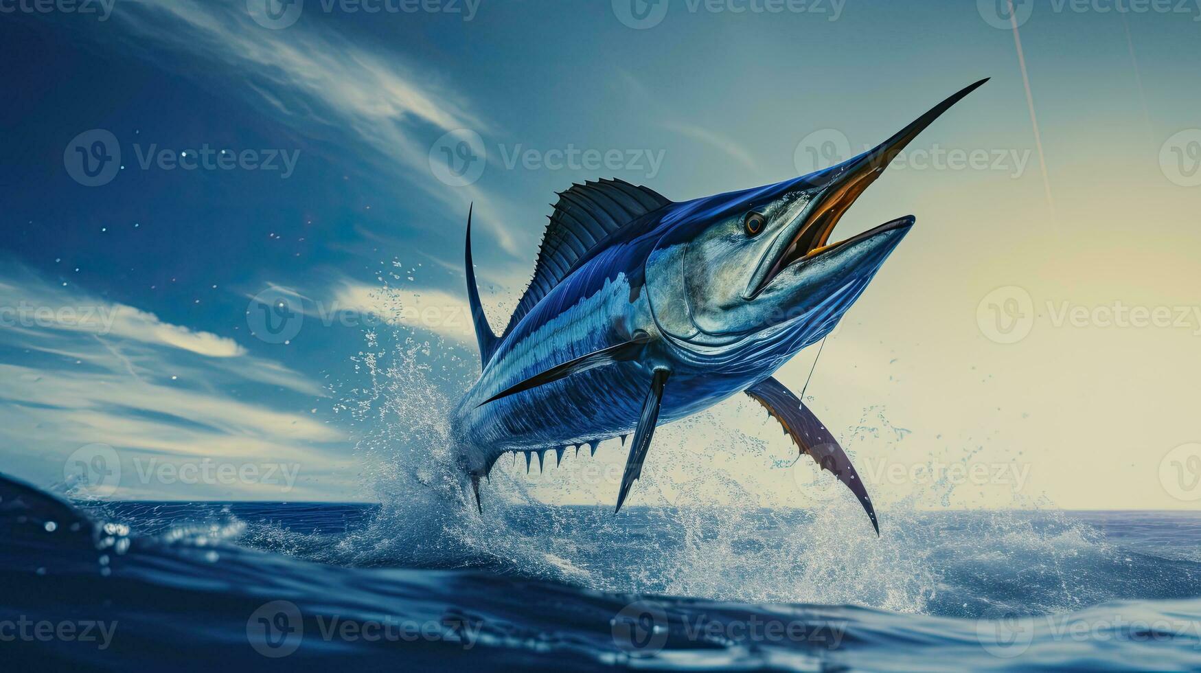 retrato do azul marlin peixe pulando sobre a mar ai generativo foto