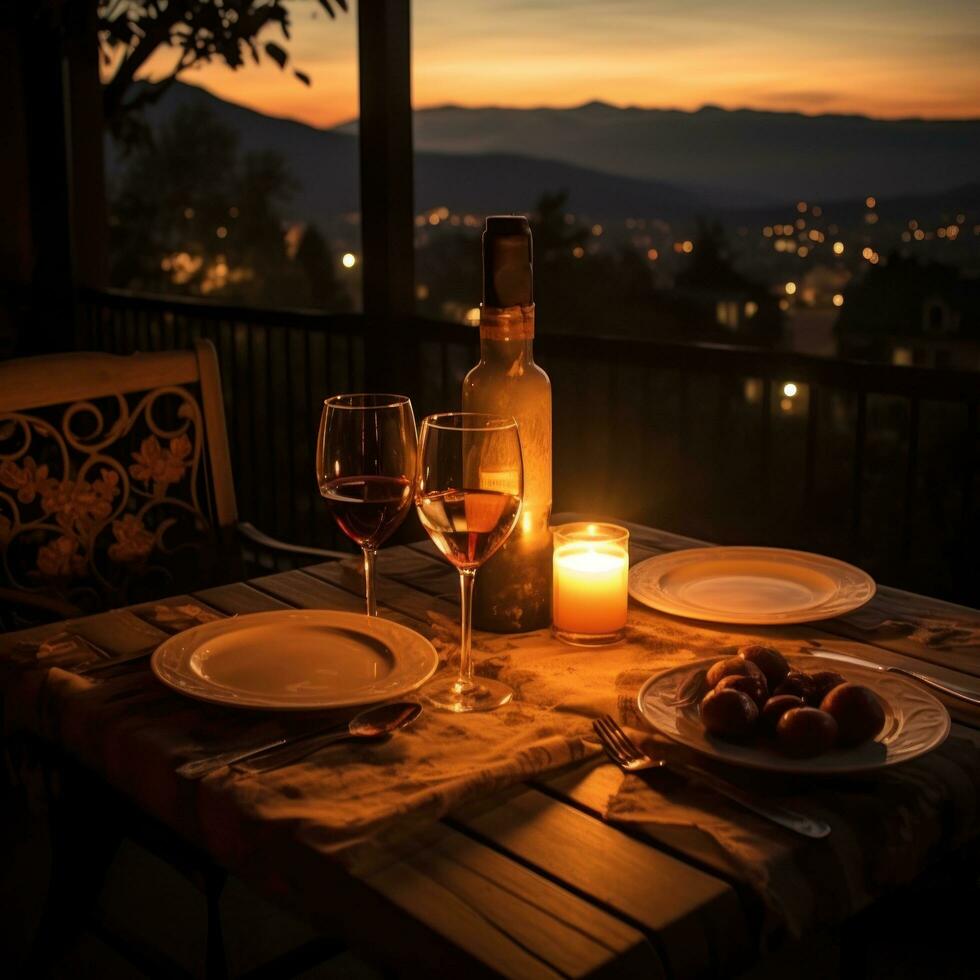 romântico jantar vinho velas e uma mesa para dois por favor foto