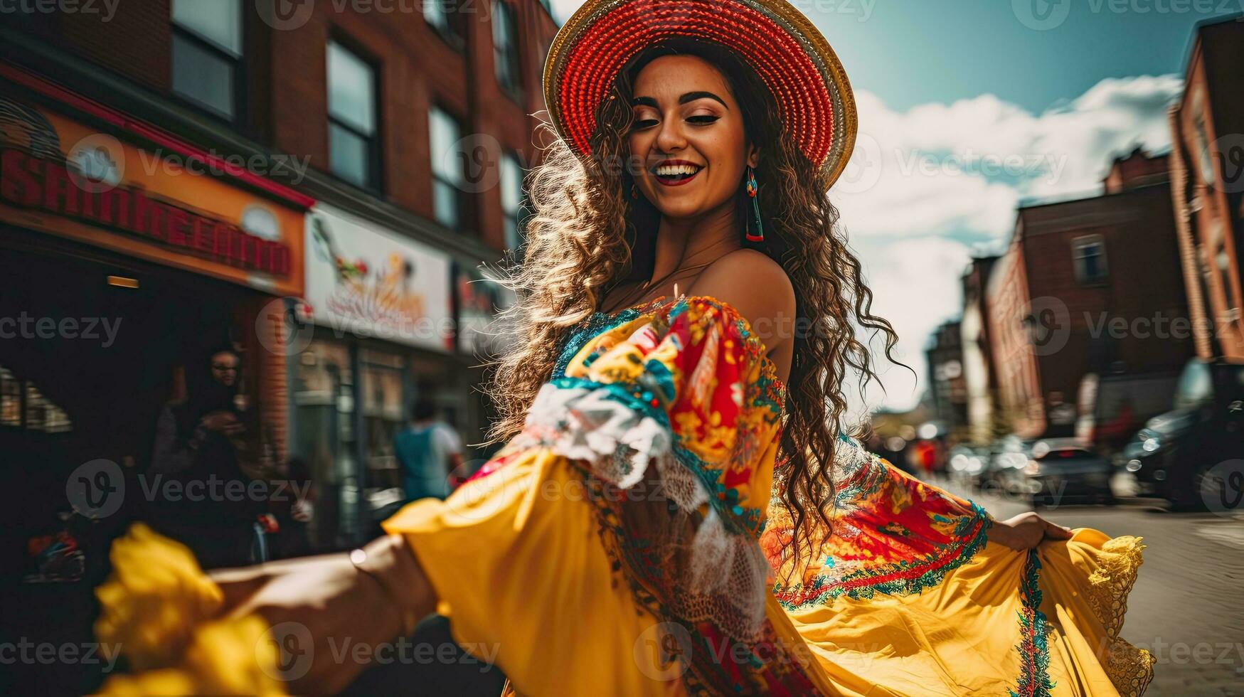 retrato menina vestindo sombrero dançando em a rua do cidade ai generativo foto