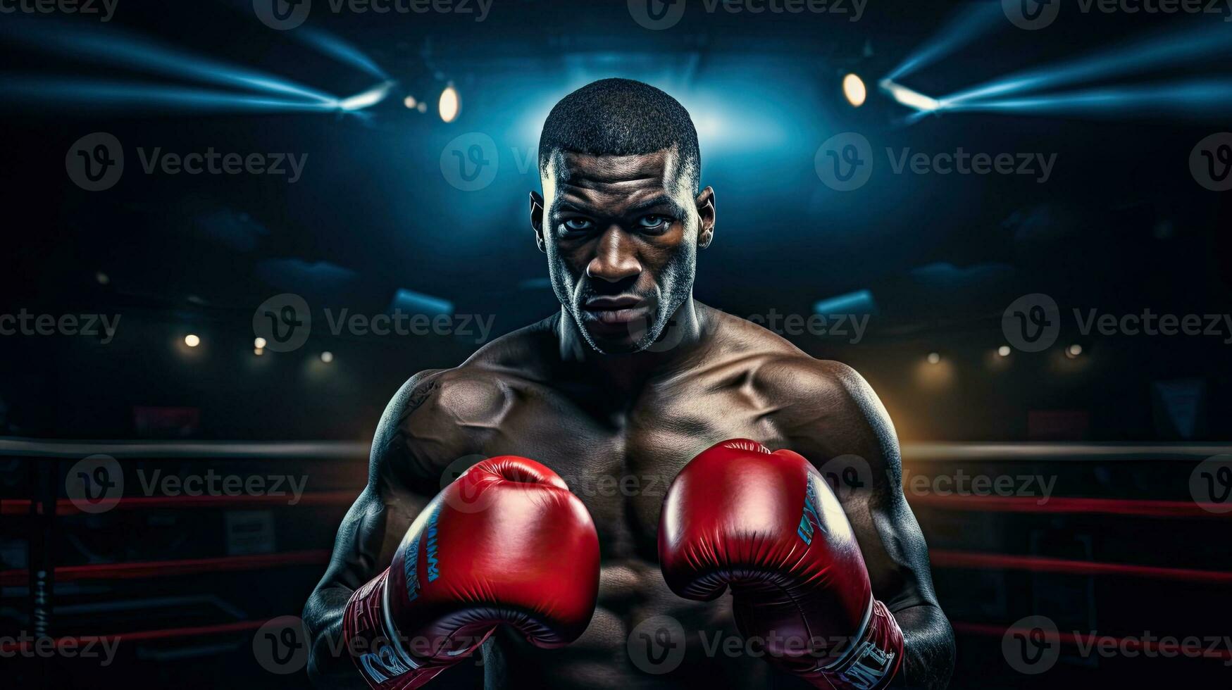 retrato do uma profissional boxer dentro uma brigando pose ai generativo foto