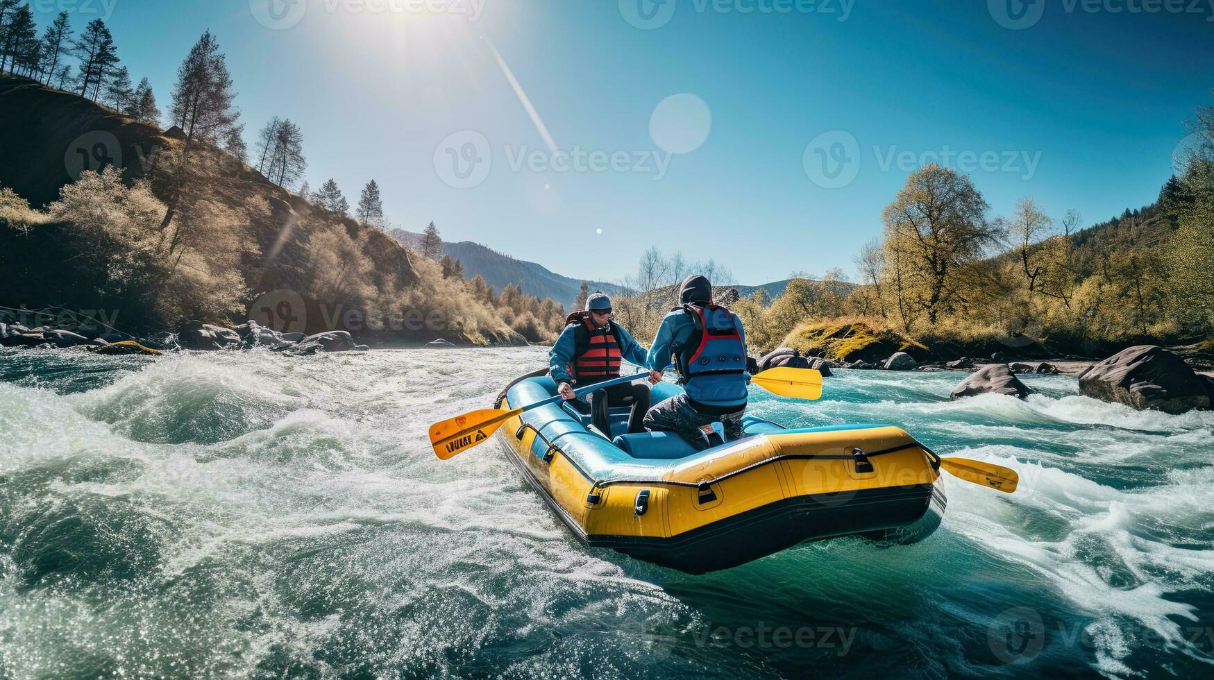 retrato pessoas estão rafting dentro velozes fluindo rio ai generativo foto