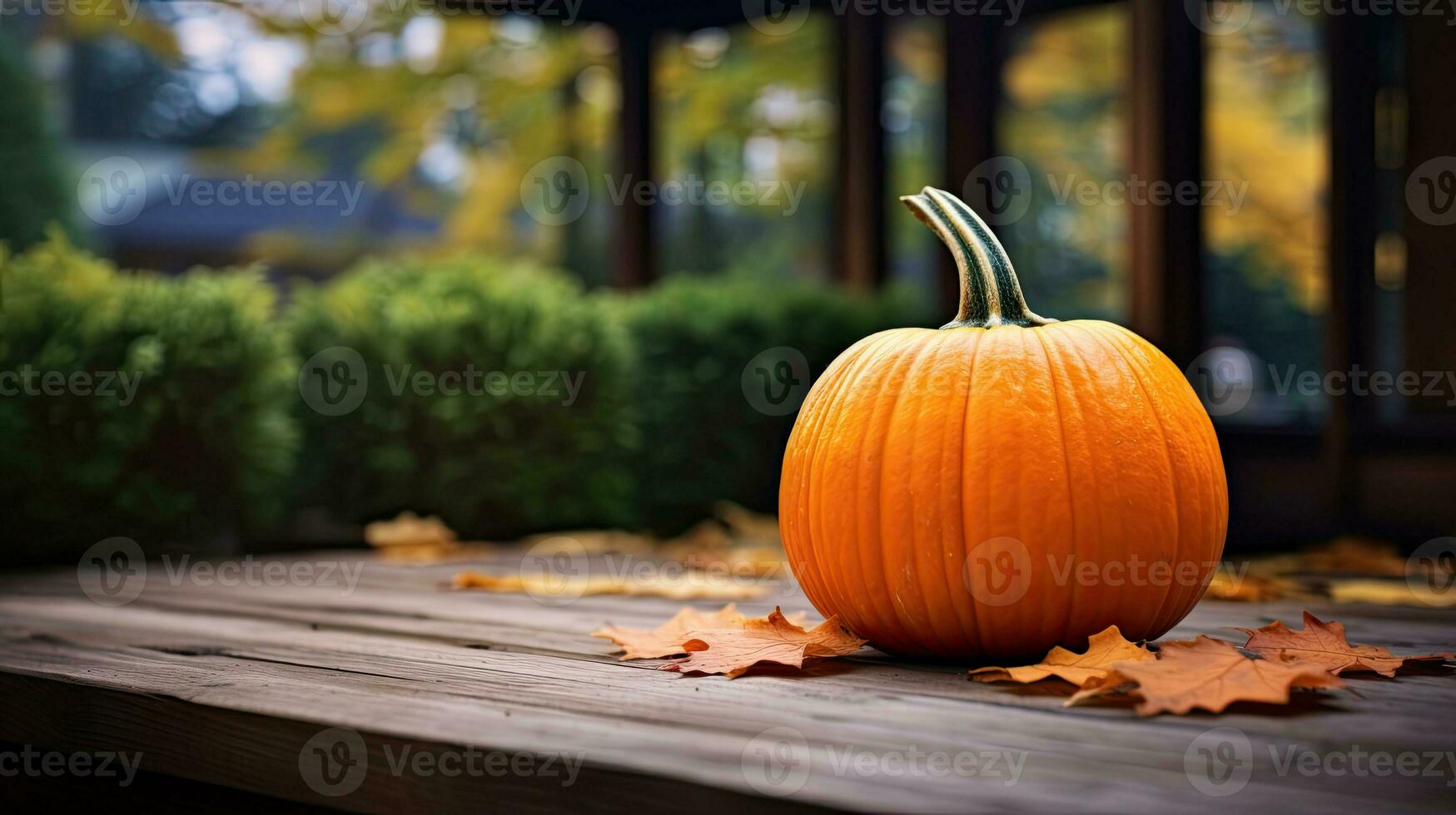 retrato abóbora com outono folha em a mesa ai generativo foto