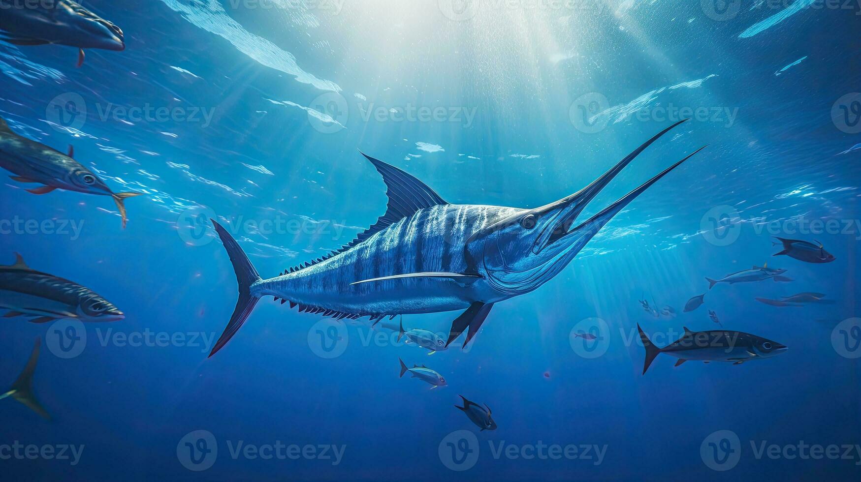 azul marlin peixe dentro a mar com luz exposição ai generativo foto