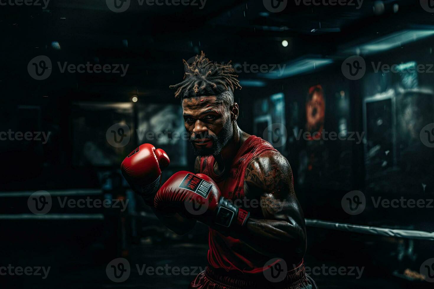 retrato do uma profissional boxer dentro uma brigando pose ai generativo foto