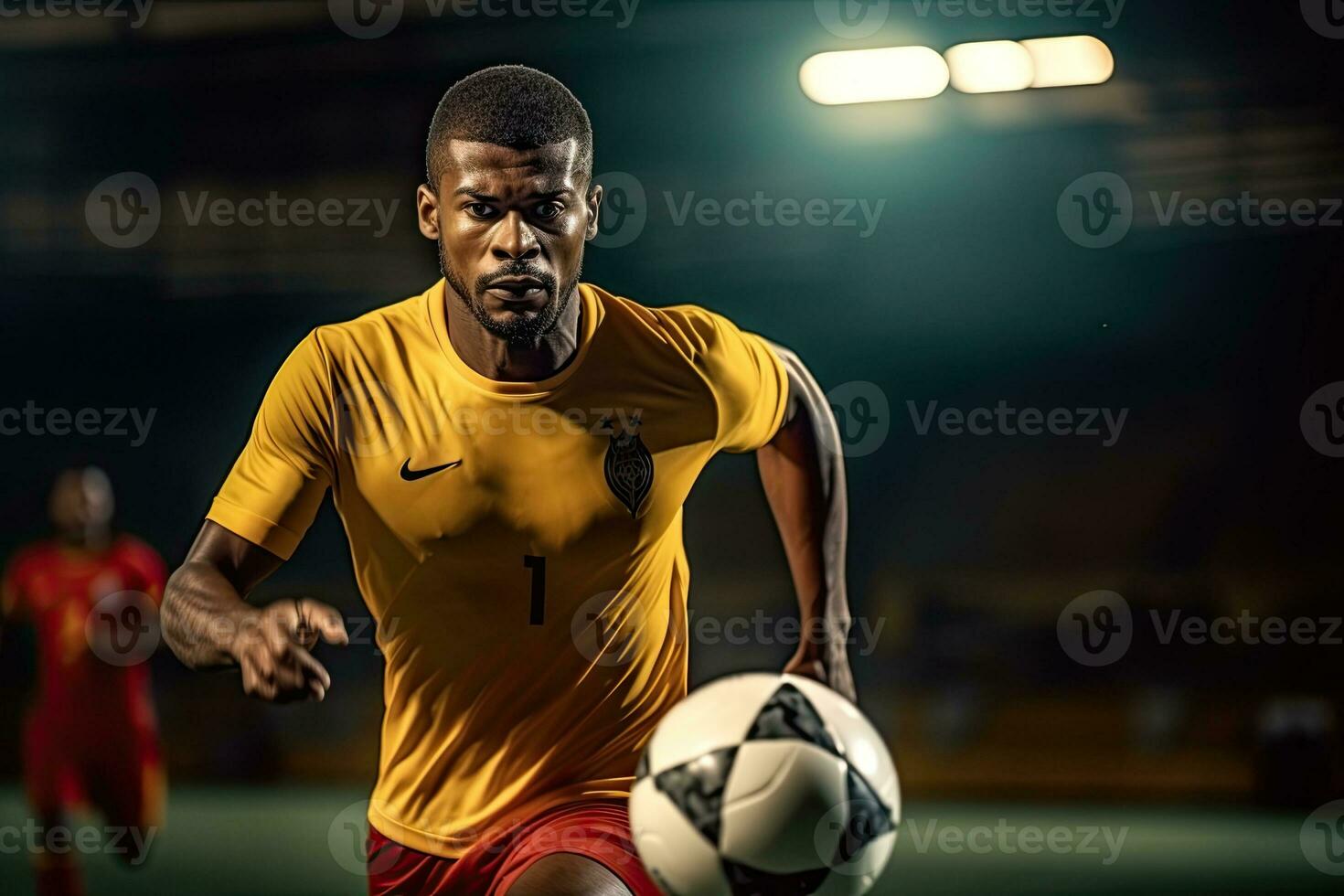 retrato profissional futebol jogador ao controle a bola ai generativo foto