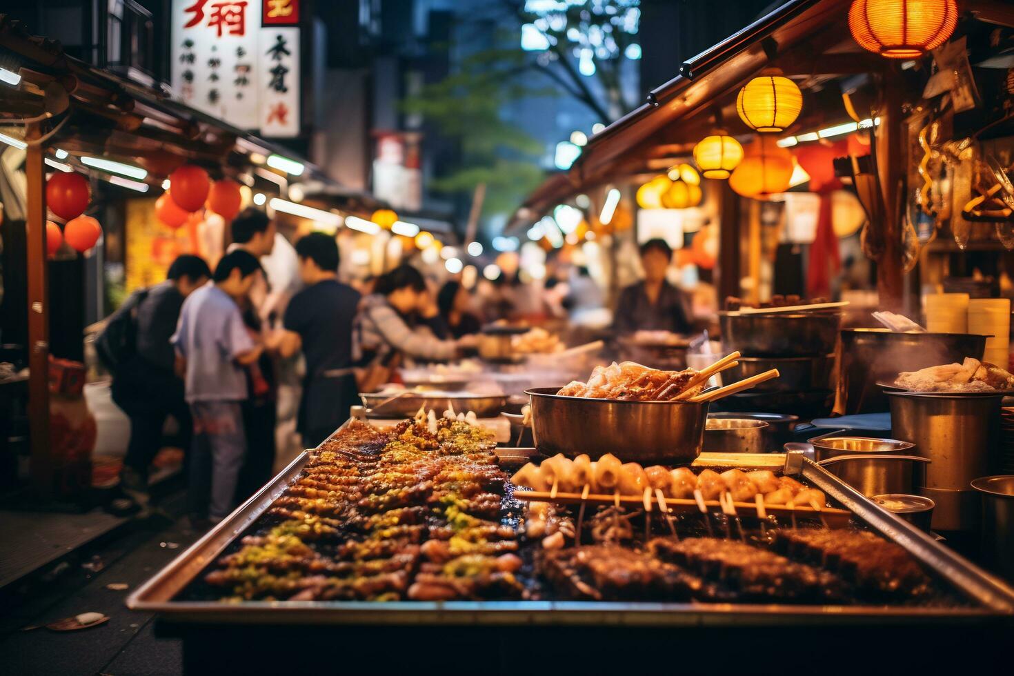 ai generativo imagem do uma movimentado japonês rua Comida mercado foto