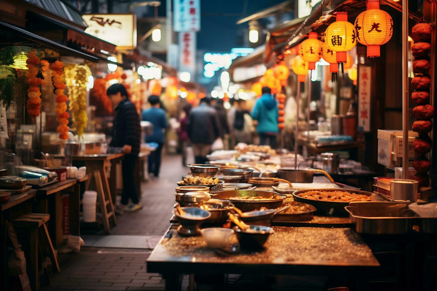 ai generativo imagem do uma movimentado japonês rua Comida mercado foto