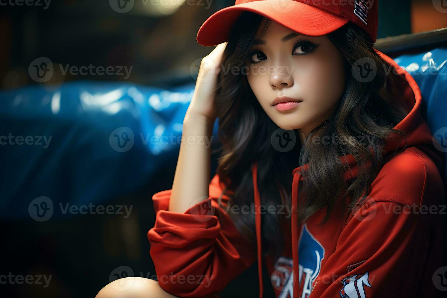 a lindo ásia beisebol menina figura dentro casual equipamento ai generativo foto